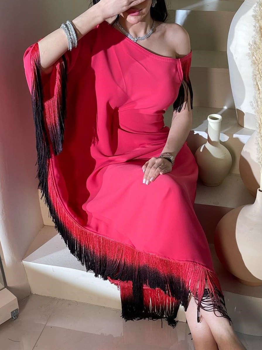 Fashion Slant Shoulder Strap Tassel Fringe Irregular Dress | Oxredo Shop Ramadan Sale