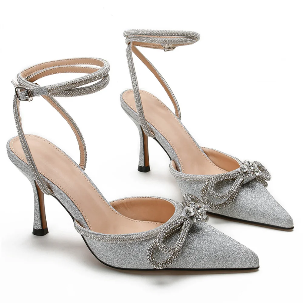 85mm Women's Stiletto Heel Ankle Strap Glitter Pumps Pointed Toe Diamond High Heels Sandals Summer Banquet Daily Wedding Shoes-MERUMOTE
