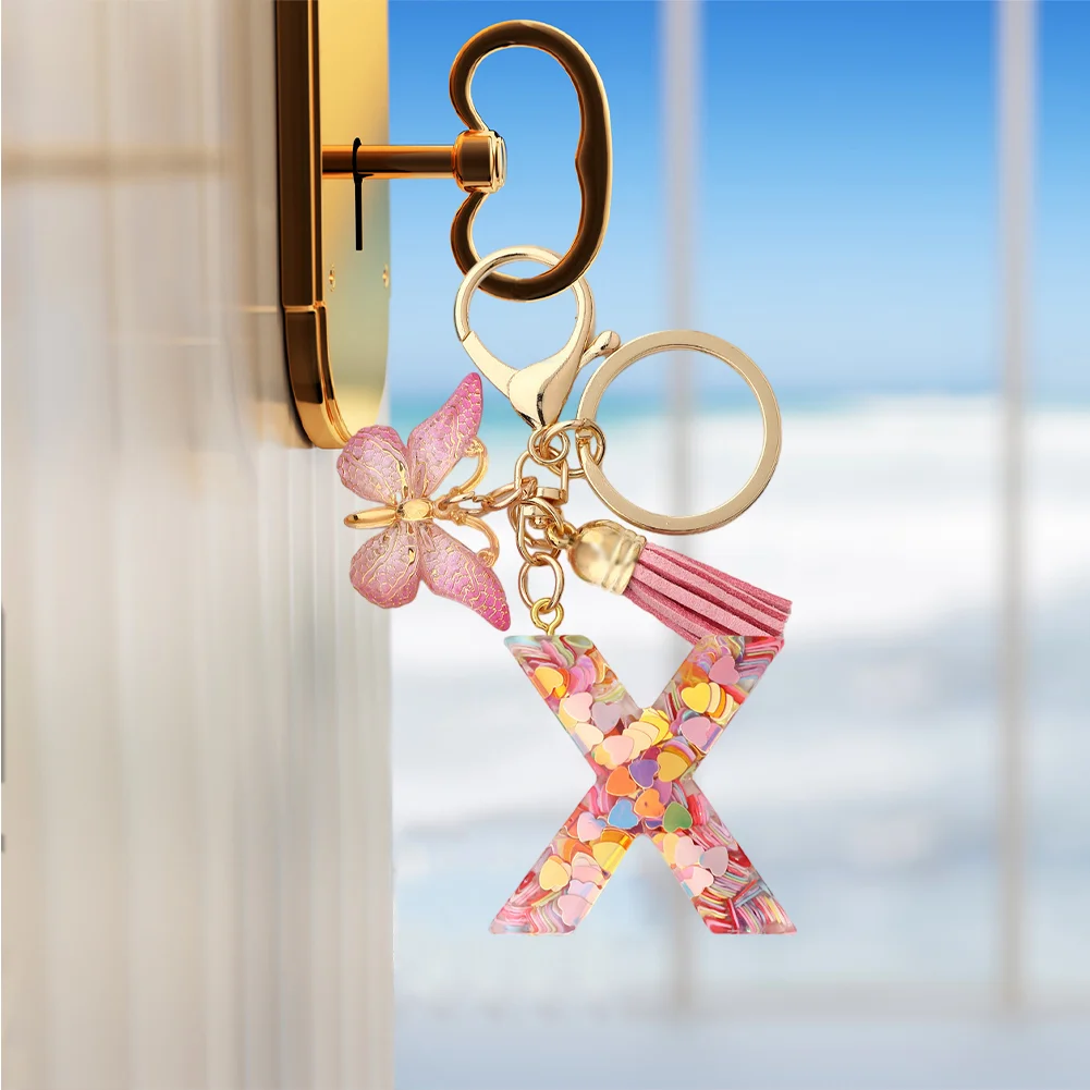 Resin Initial Letter Keychains Alphabet Letter Keychain Pink Tassel Butterfly Key Ring