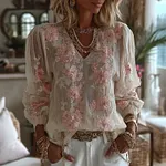 Women's Floral Embroidery Long-sleeved Linen Blend T-shirt - Image 2