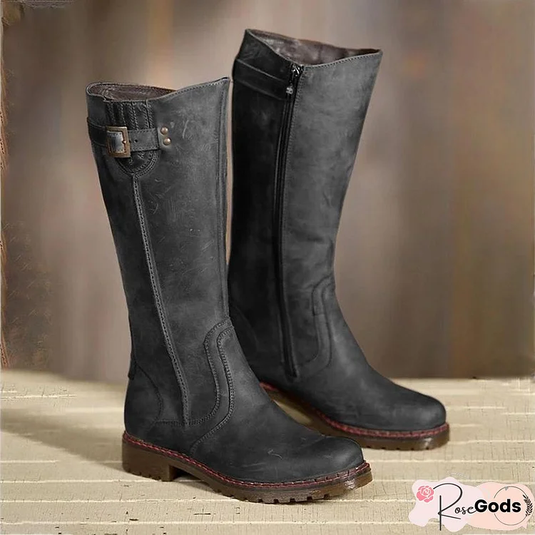 Women Round Toe Zipper Low Heel Pu Casual Boots