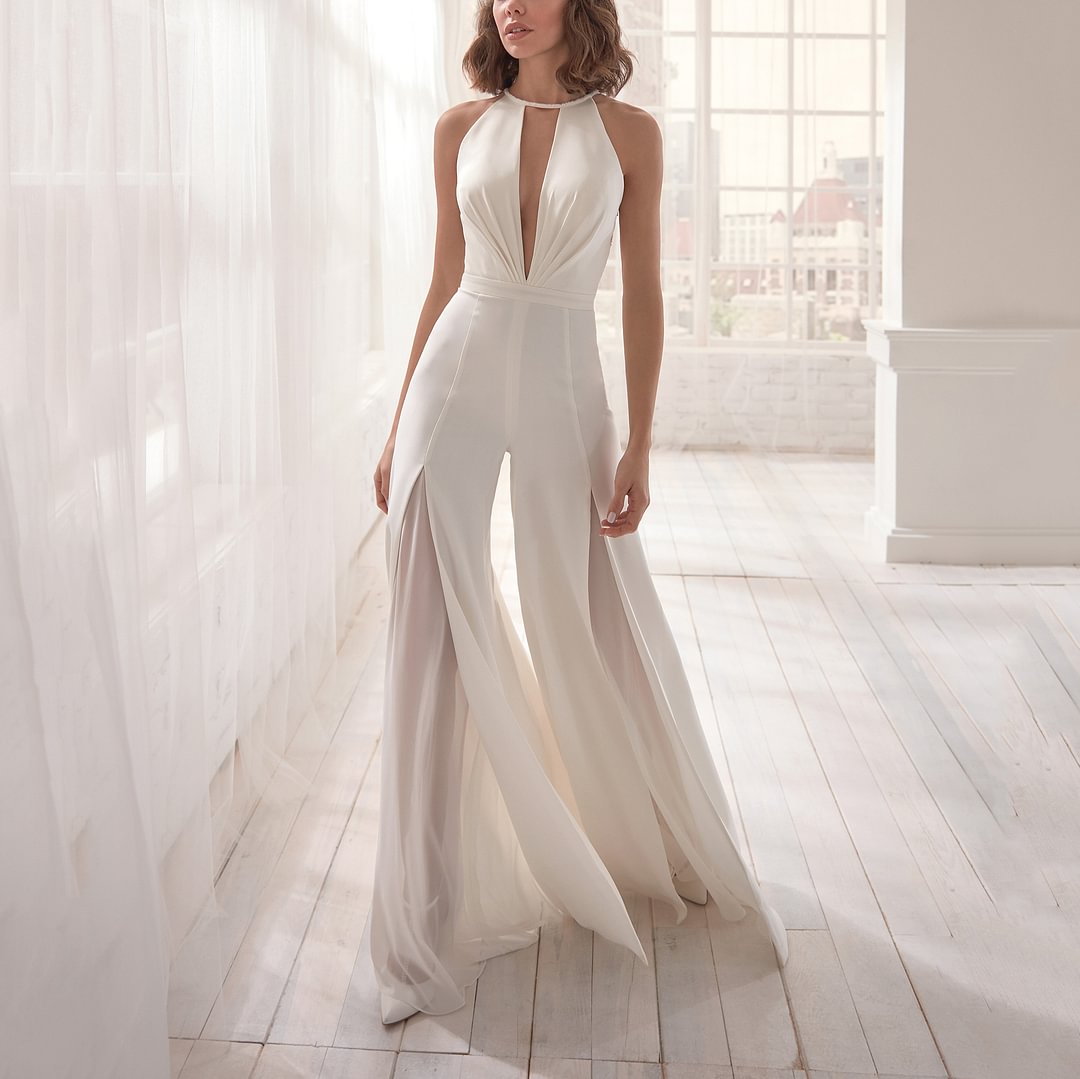 Fashion Sexy Deep V Halter Backless Jumpsuit