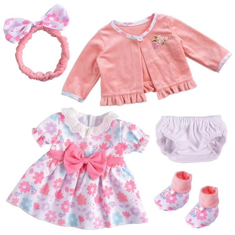 17"-22" Reborn Baby Doll Pink Floral Skirt 5 Pcs Set Clothing Accessories