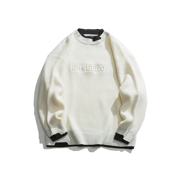 Man Fall Winter Outfis Winter Letter Steel Printed Sweater Casual Contrast Color Loose Crew Neck Top