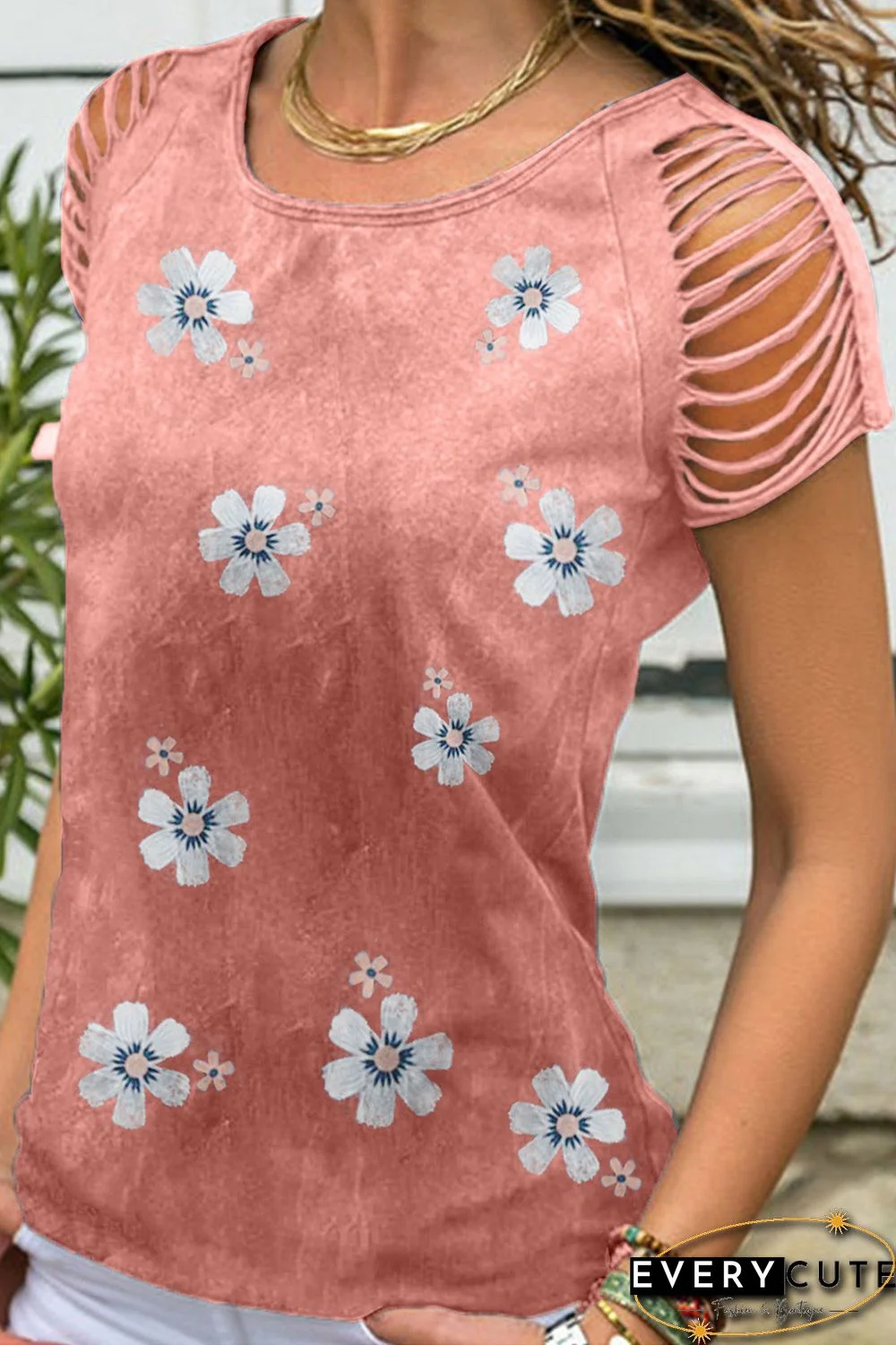 Red Floral Print Cut Out Short Sleeve T Shirt