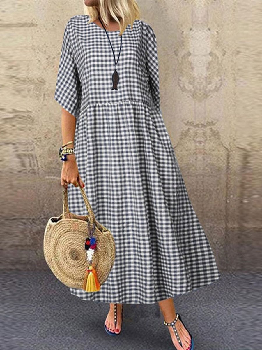 Maternity Plaid Casual Short-sleeved Round Neck Maxi Dress