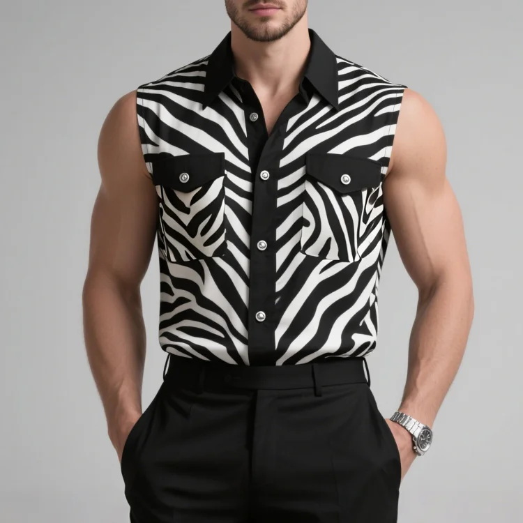 Okaywear Zebra Stripes Turndown Collar Button Chest Pocket Sleeveless Shirt 