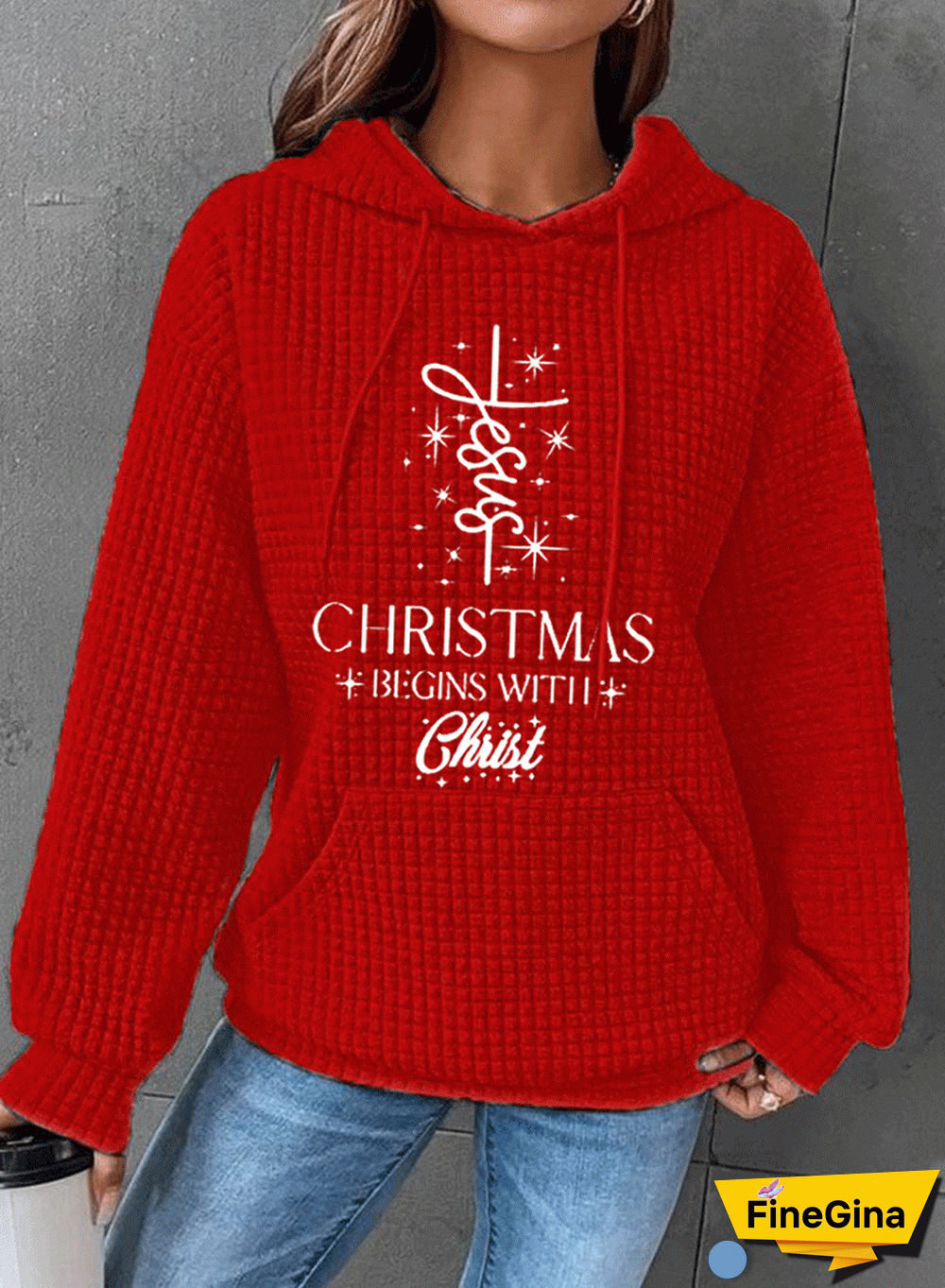 Women's Christmas Begins with Jesus Print Waffle Hoodie
