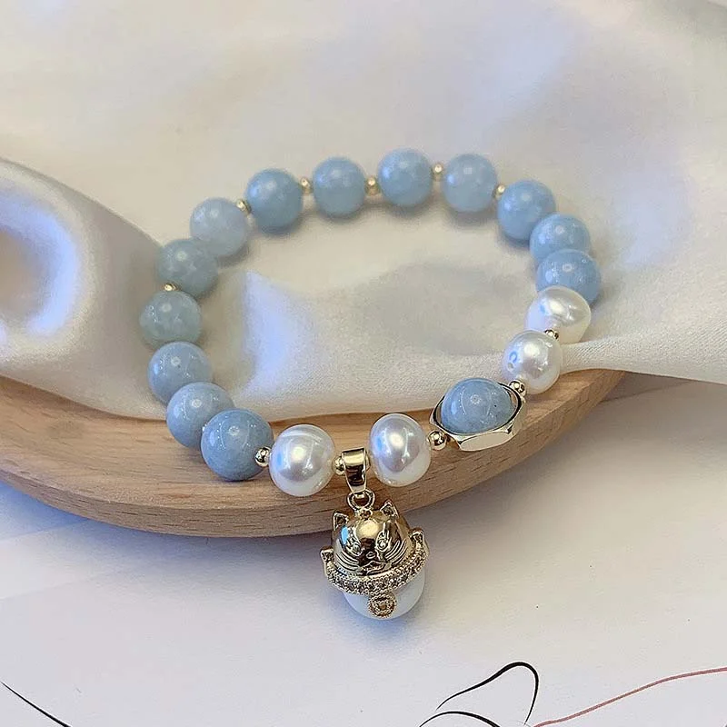 Aquamarine Pearl Peace Healing Lucky Cat Charm Bracelet