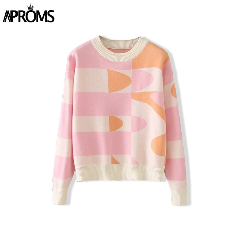 Aproms Elegant Multicolor Geometric Knitted Sweaters Women 2022 Winter Long Sleeve Warm Pullovers Fashion Stretch Ribbed Jumpers