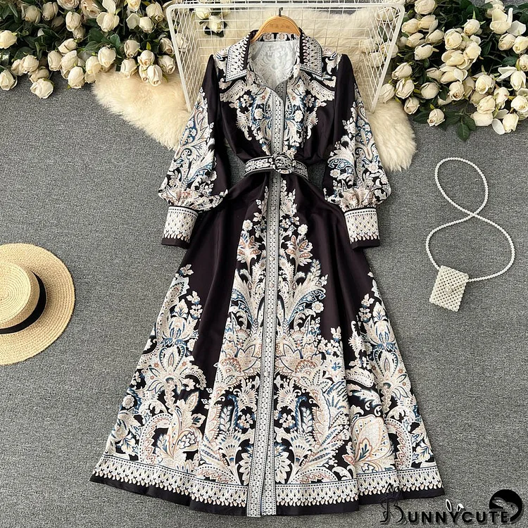Spring And Autumn Lantern Sleeves Turndown Collar Single-Breasted Button Printed Dress Women Slim Waist Swing Long Dress