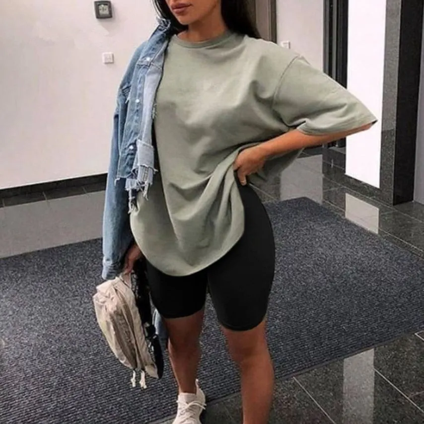 Casual solid new women's two piece suit including belt solid color home loose sports fashion leisure suit summer couples wear