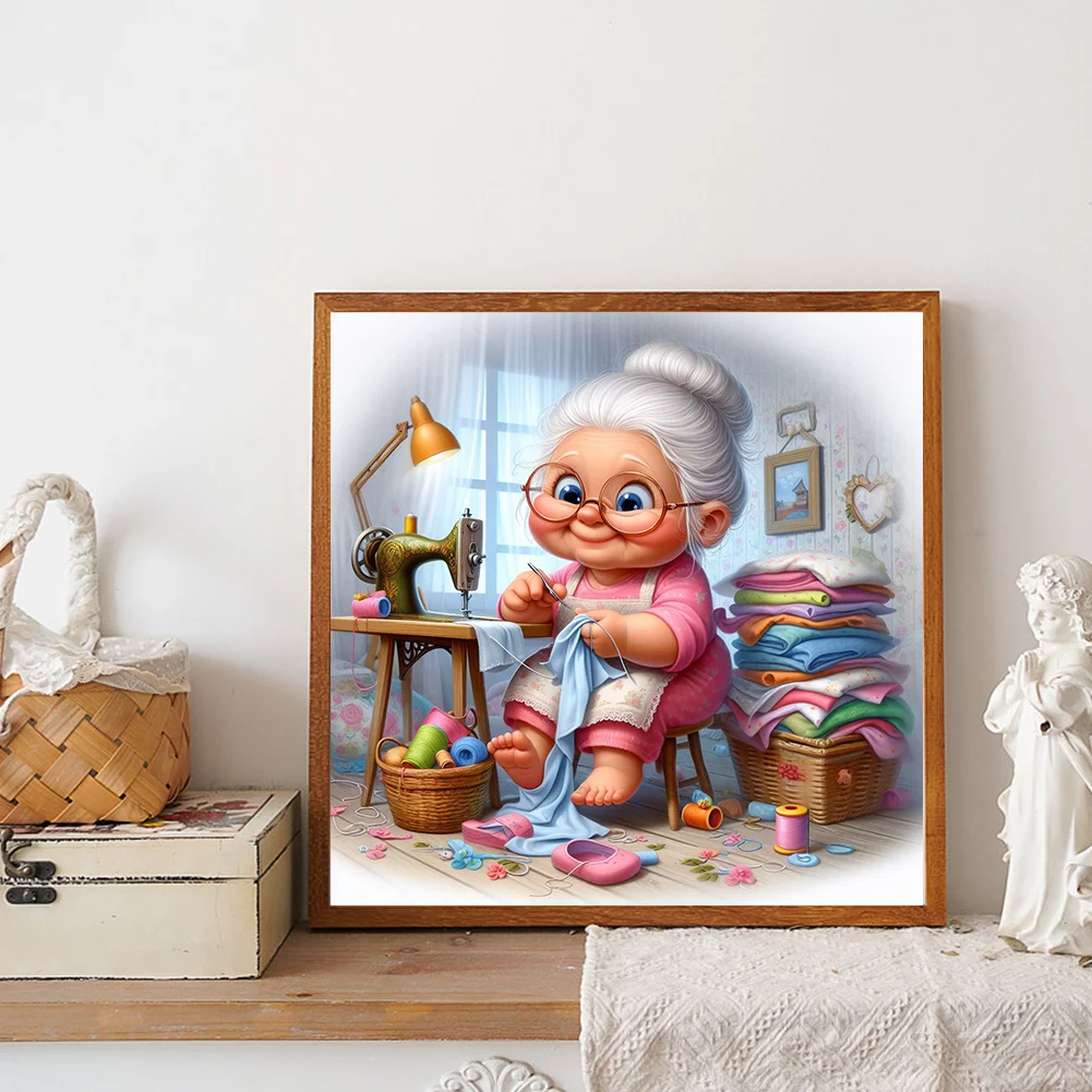 Diamond Painting - Full Round Drill - Old Lady Sewing(Canvas|30*30cm)