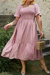 Women's Pink Elegant Plus Size Short Sleeve Smocked High Waist Flowy Midi Dress