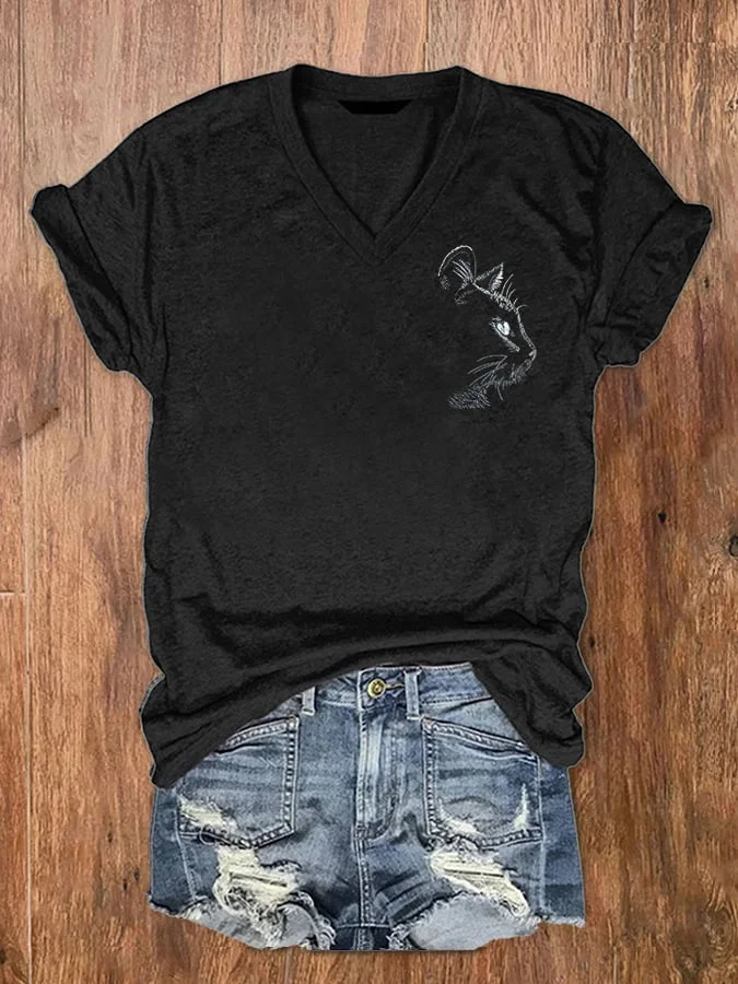 Women's Cat Embroidery Print V-Neck T-Shirt