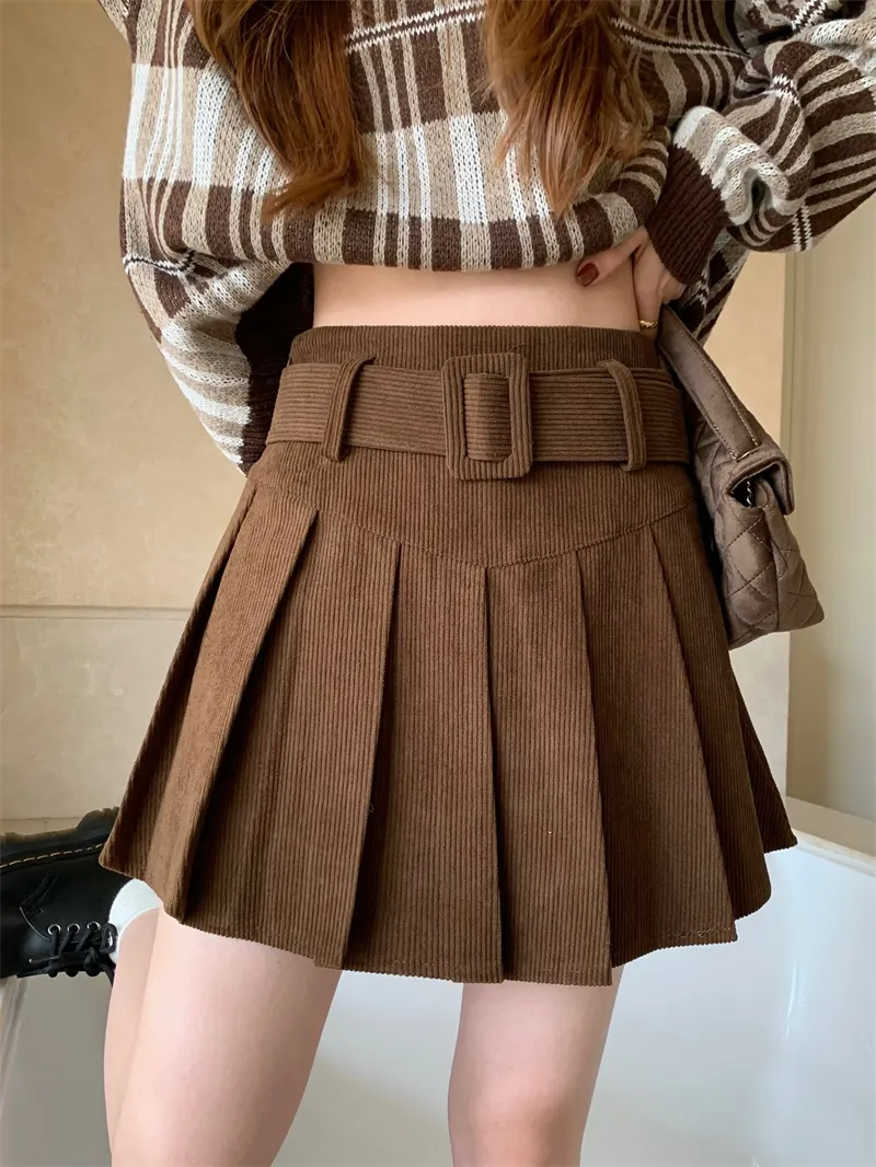 Belted Corduroy Pleated Mini Skirt with Knit Waistband