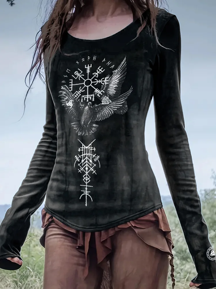 Retro Tribal Bird Viking Ethnic Graphics Long-Sleeved T-Shirt