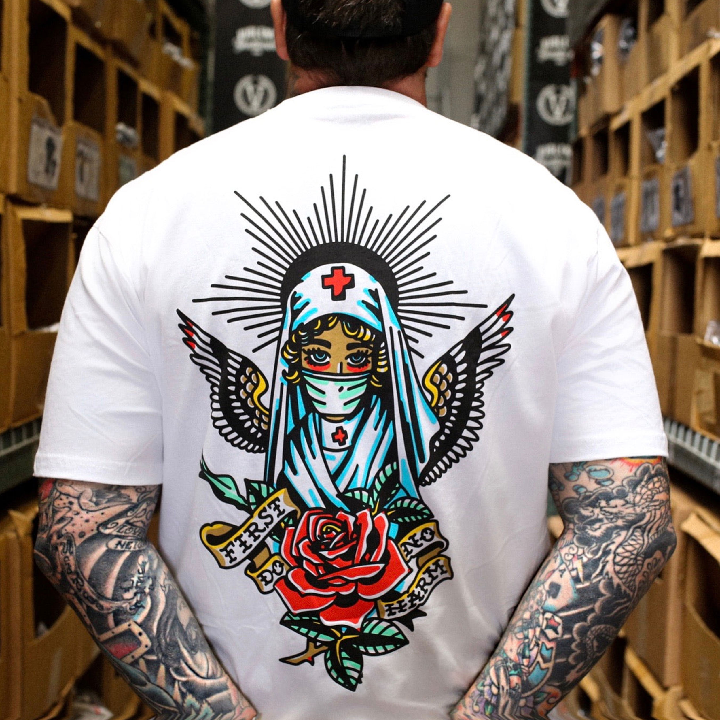FIRST DO Rose Nun with Wings Regious White Print T-shirt