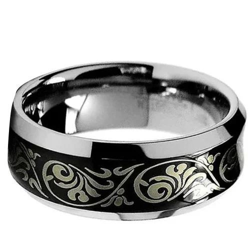 6MM 8MM Women's Or Men's Silver and Black Tungsten Carbide Wedding Rings Laser Etched Tribal Florentine Design
