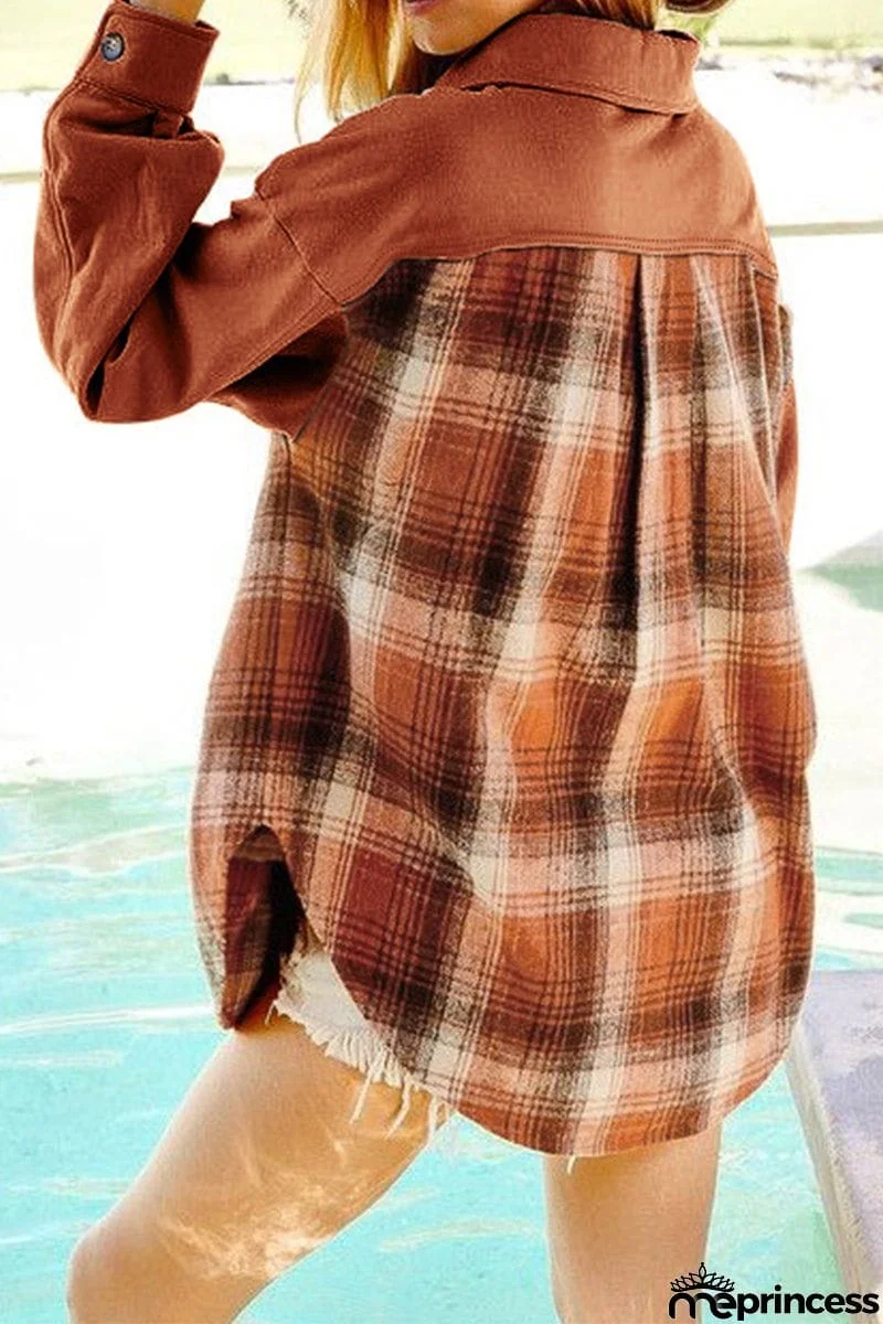 Street Plaid Patchwork Pocket Turndown Collar Blouses(3 Colors)