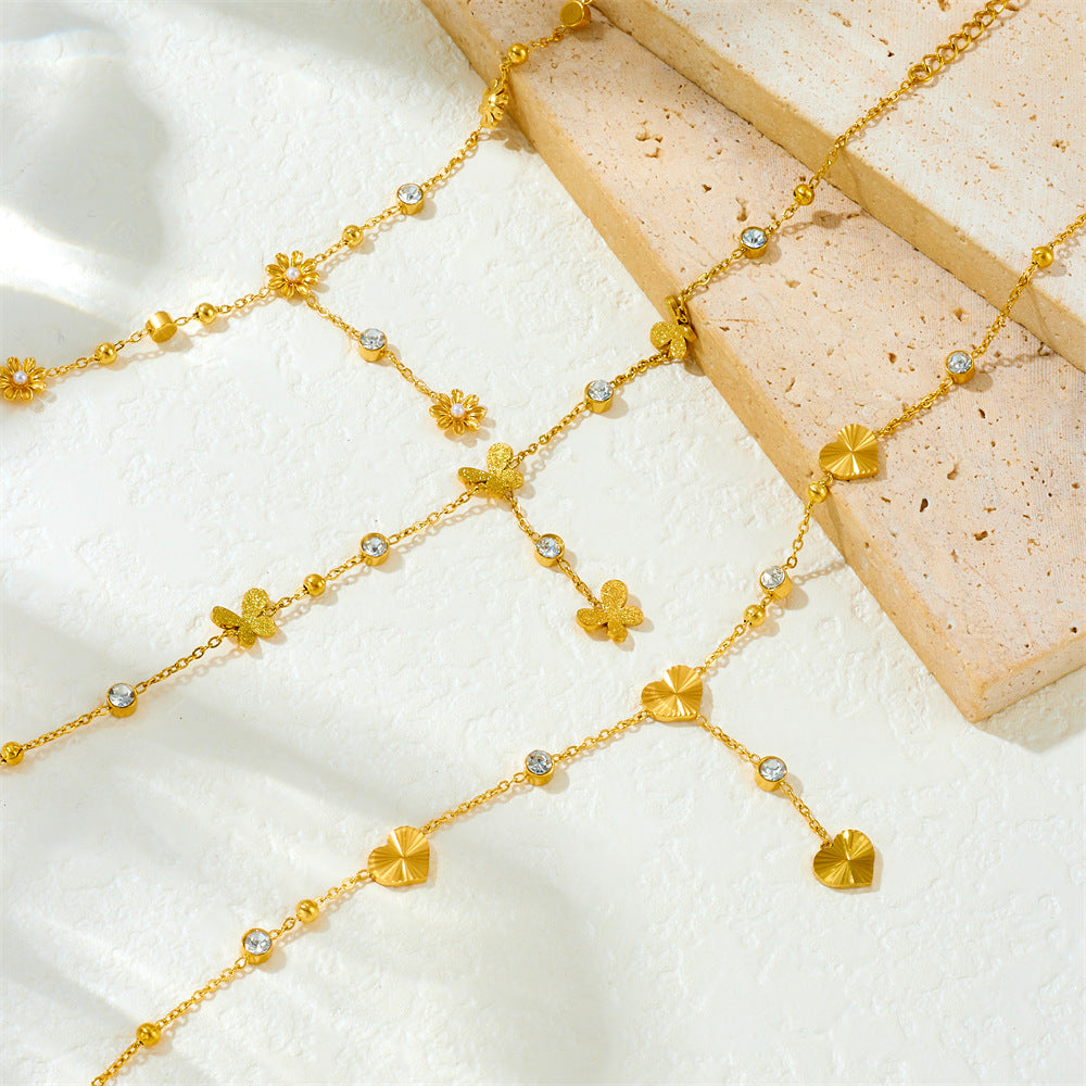 Fashionable And Simple Style Hanging Tassel Stainless Steel Diamond Heart Butterfly Flower Accessories Gold-Plated Anklet