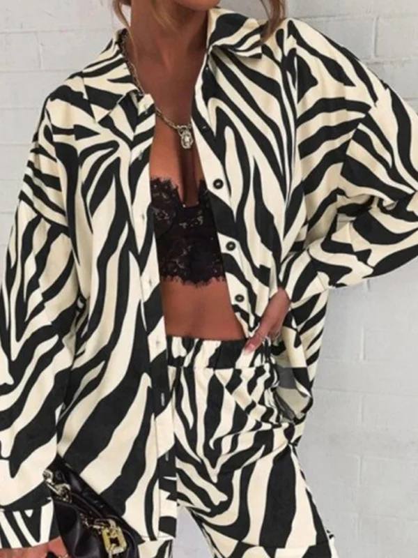 Zebra-Stripe Plus Size Long Sleeves Buttoned Lapel Blouses Top + Elasticity Pants Bottom Two Pieces Set