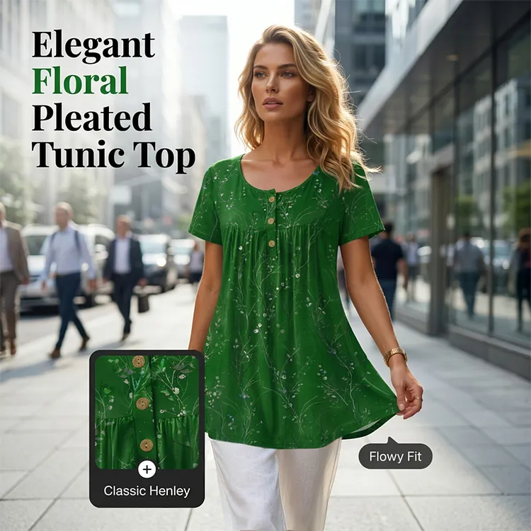 Women's Floral Print Pleated Tunic Top