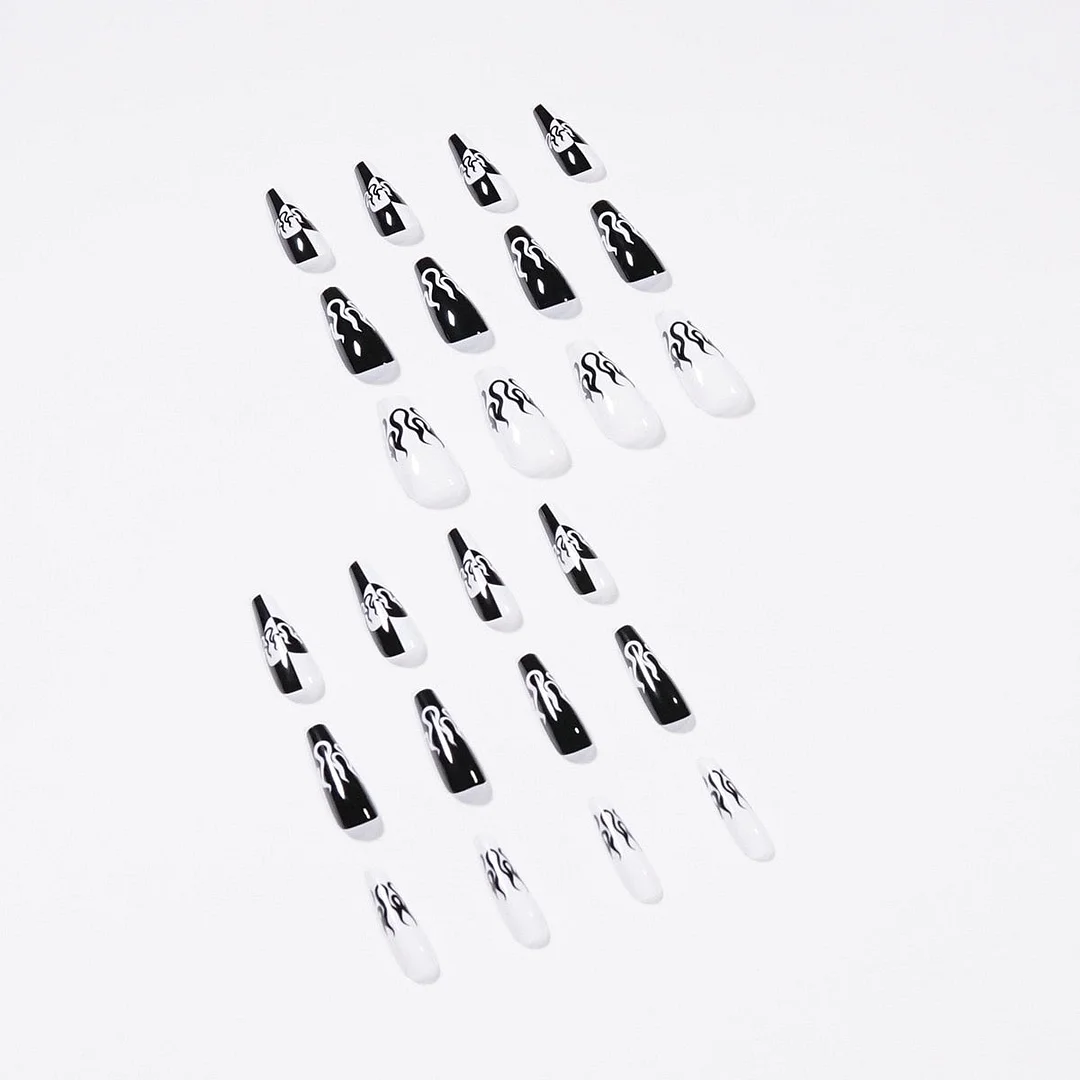 24pcs Press on Nails Punk Black White Patchwork Fire Pattern Long Coffin False Nails Ballerina Fake Nail Art Manicure Full Tips