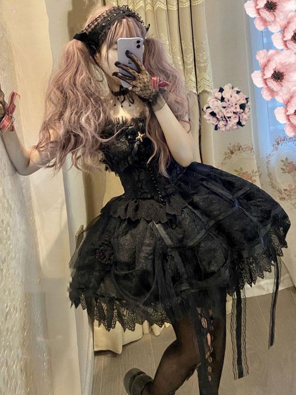 Gothic Dresses Lace Sleeveless Black Lolita Jumper Polyester Skirt