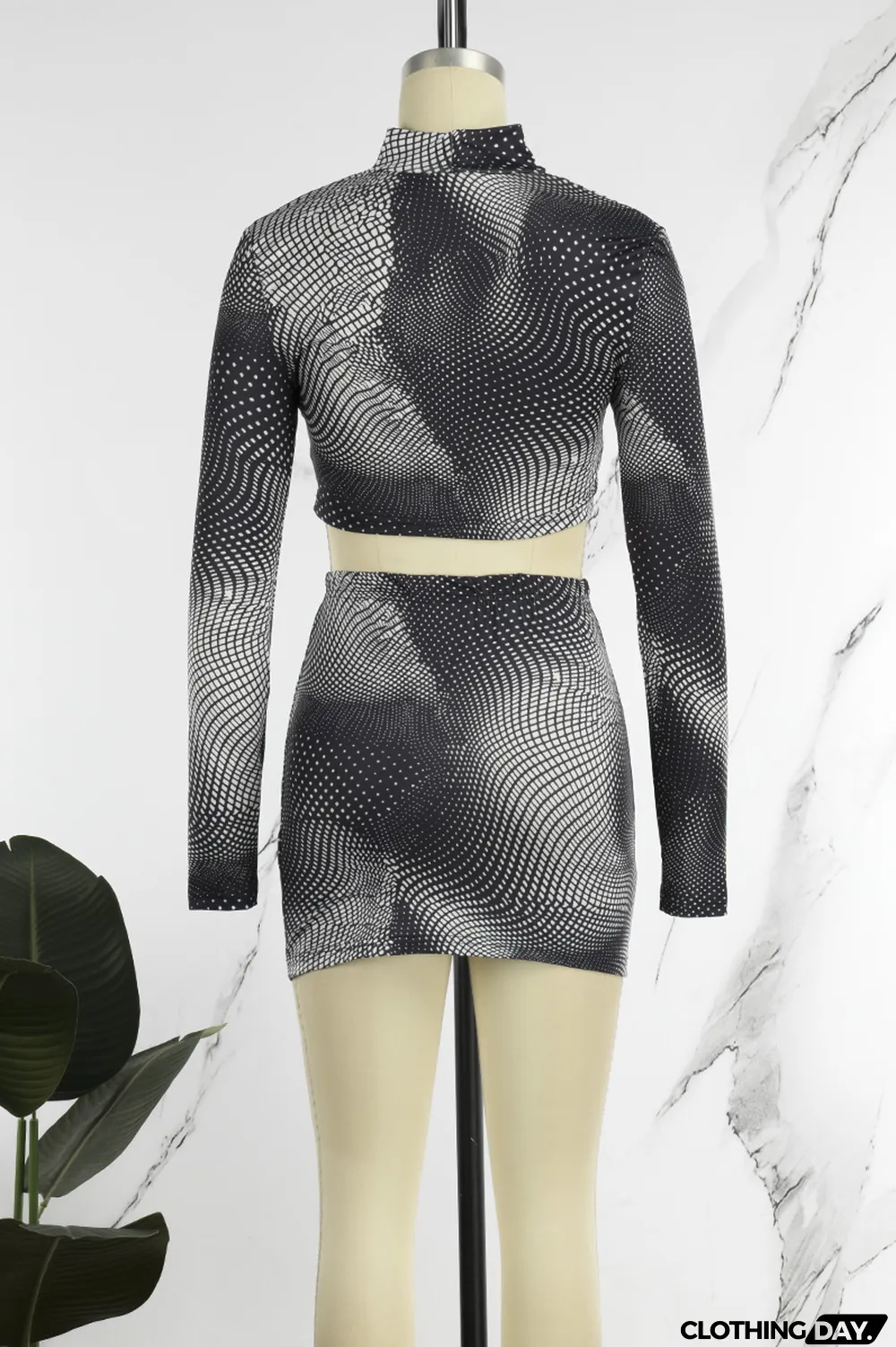 Grey Casual Street Polka Dot Hollowed Out Half A Turtleneck Long Sleeve Two Pieces