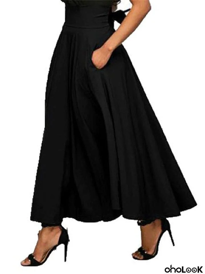 Female Vintage High Waist Solid Color Lace-up Maxi Skirts