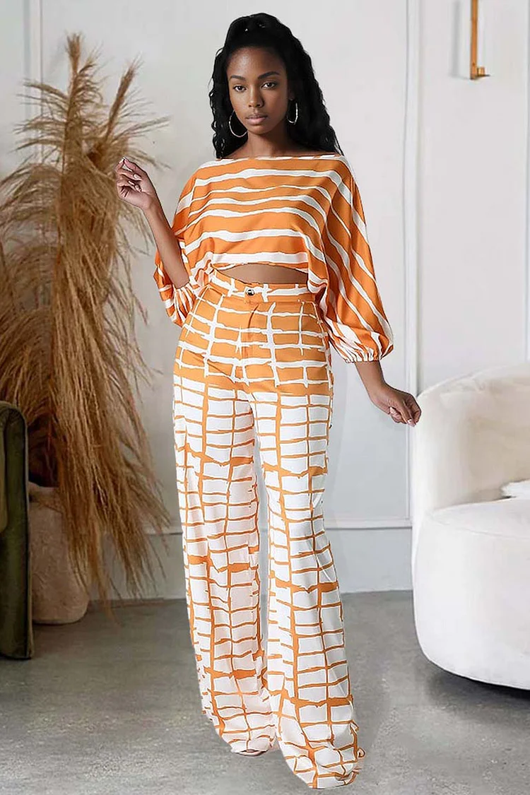Striped 3/4 Lantern Sleeve Crop Top Straight Leg Pants Matching Set-Orange [Pre Order]
