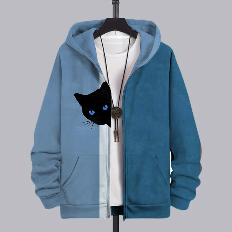 Men's Fun Hide And Seek Black Cat Print Hooded Zip-Up Jacket  artssus
