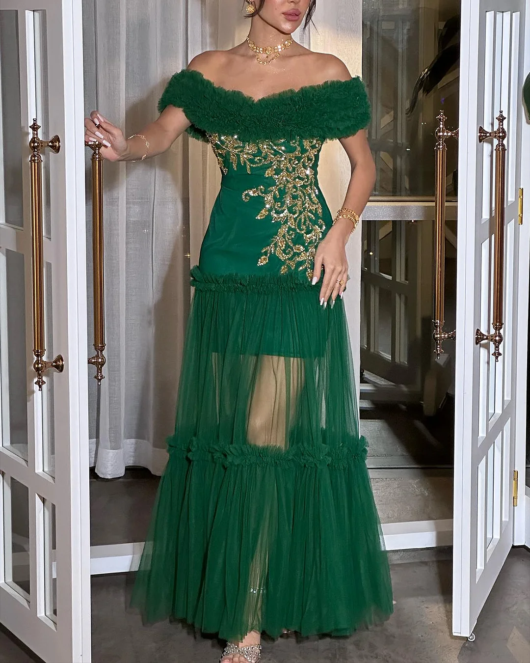 Women's Off-Shoulder Mesh Embroidery Dress