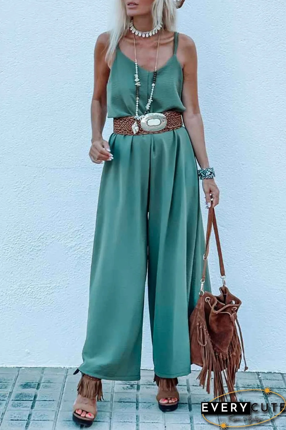 Green Solid Color Spaghetti Straps Wide Leg Jumpsuit