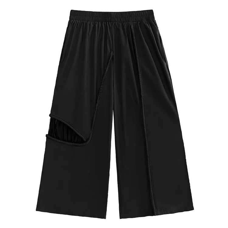 Chic Asymmetrical Hollow Out Perspective Splicing Ankle Length Wide Leg Pants