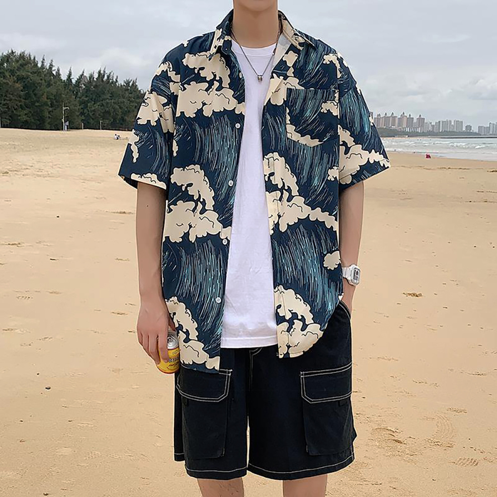Surf Patterned Button Down Casual Short Sleeve Shirts