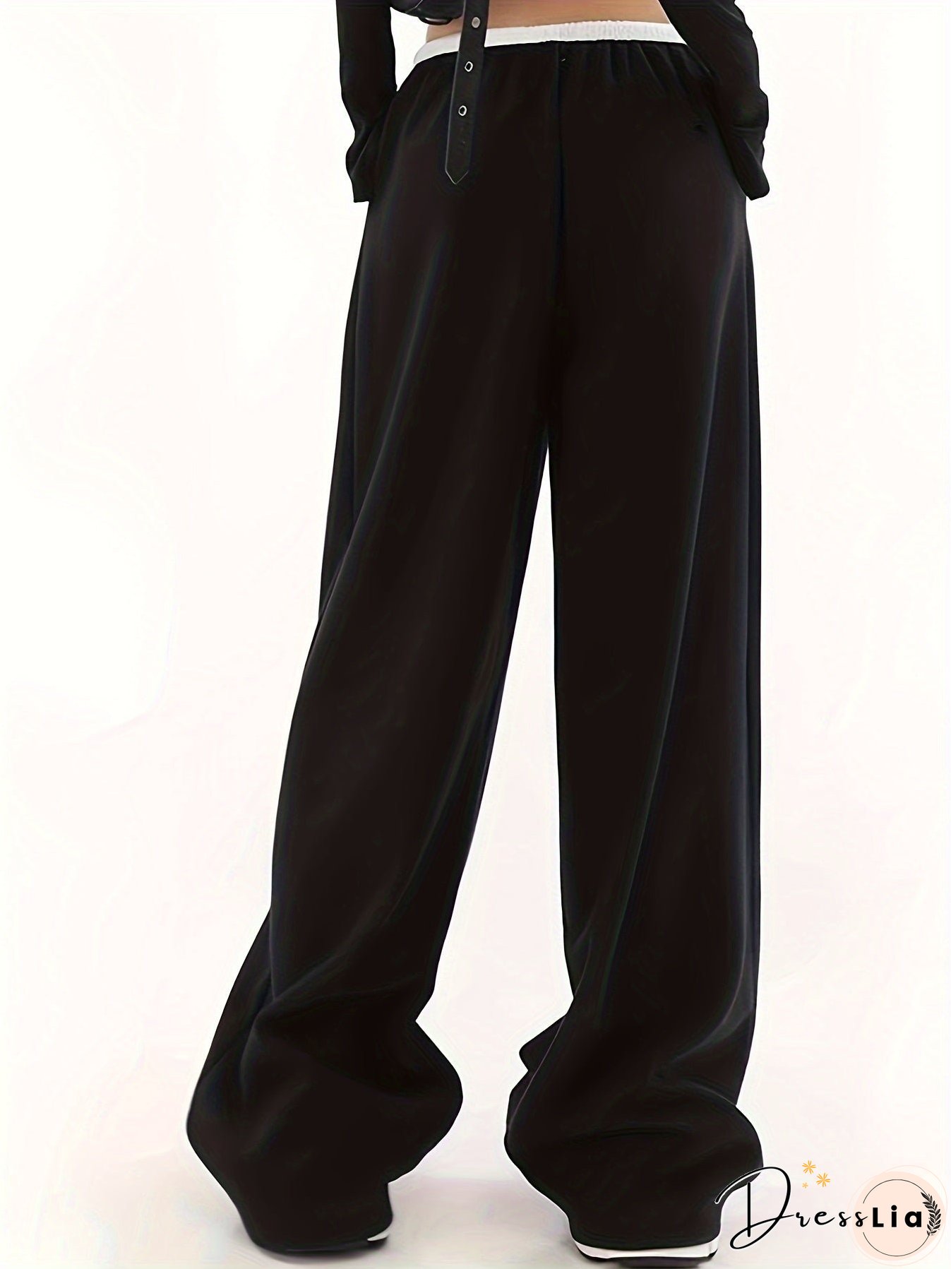 Color Block Wide Leg Pants, Casual Drawstring Loose Slant Pockets Pants For Spring & Fall, Women's Clothing