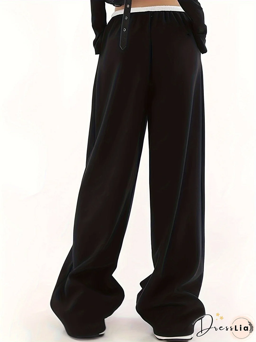 Color Block Wide Leg Pants, Casual Drawstring Loose Slant Pockets Pants For Spring & Fall, Women's Clothing