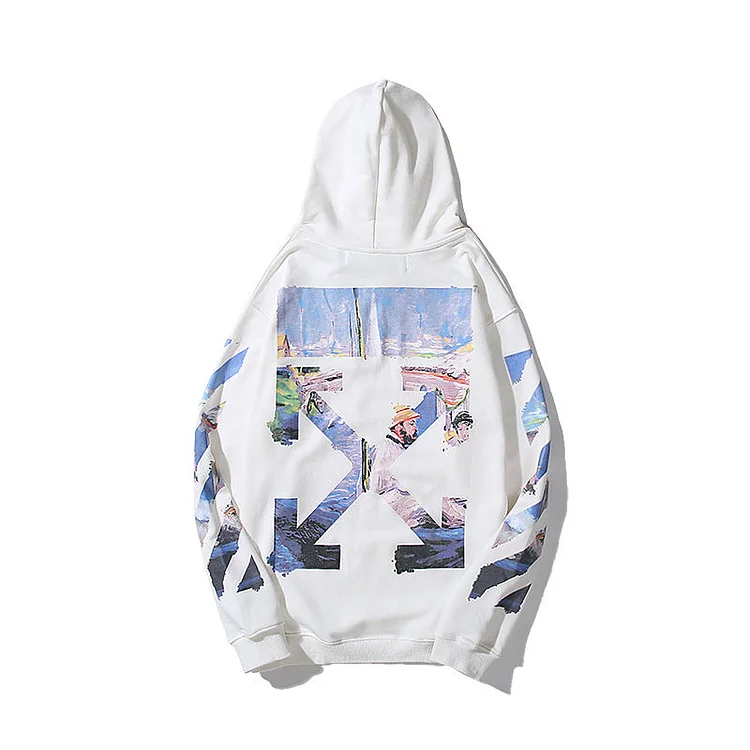 Off White Hoodie Autumn and Winter Monet Oil Painting Series round Neck Pullover Hooded Sweater