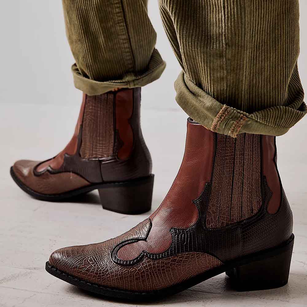 Brown Snakeskin Pointed Toe Block Heel Western Booties for Women Nicepairs
