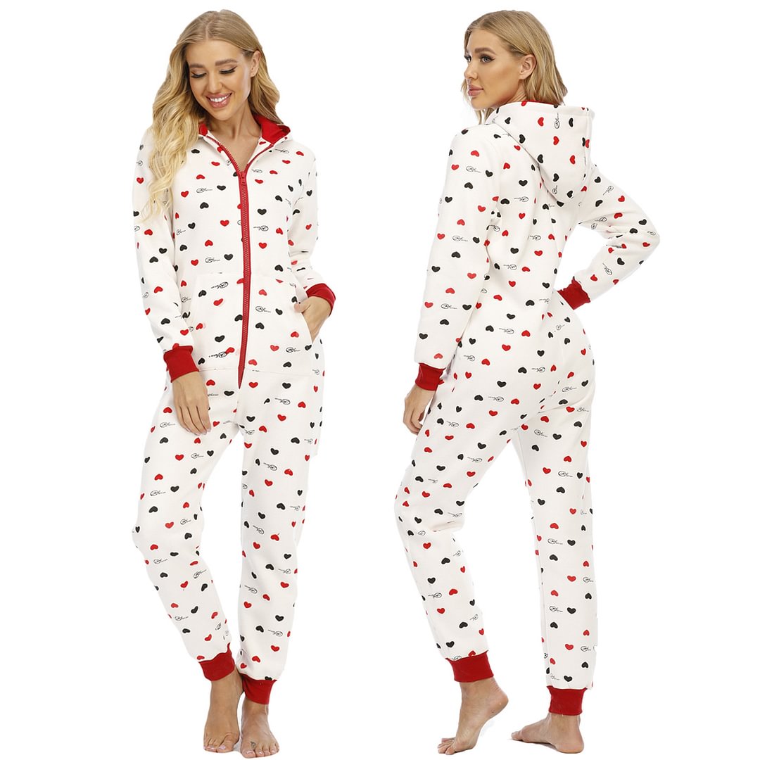 Christmas Hooded Jumpsuits Women's Pajamas Coral Cotton Colorful Dots Onesies-Pajamasbuy