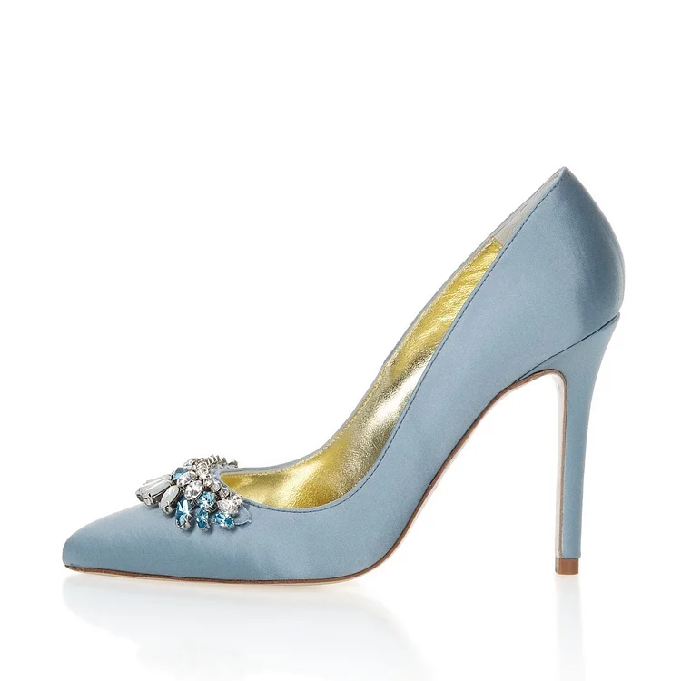 Light Blue Satin Stiletto Heels Rhinestone Pumps |FSJ Shoes