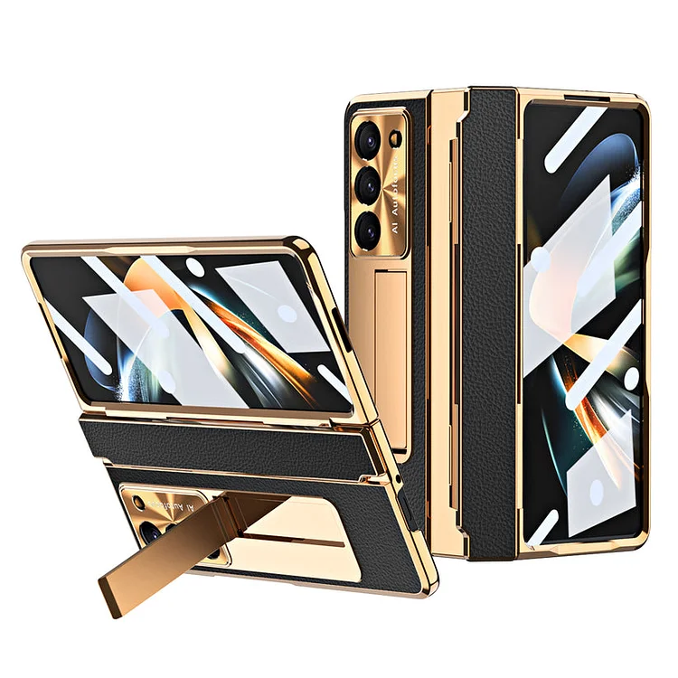 Luksusowa skórzana obudowa magnetyczna z galwanizowanym etui na telefon do Samsung Galaxy Z Fold3/4/5 ze szklanym tylnym ekranem