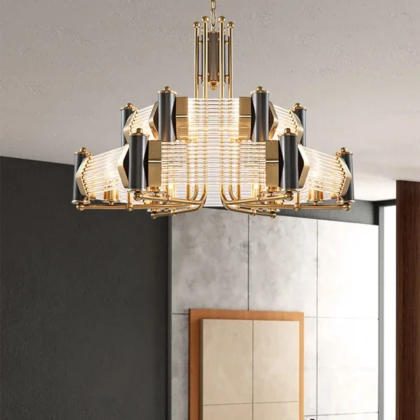 Crystal Glass Rods and Brass Chandelier JOSENART Josenart