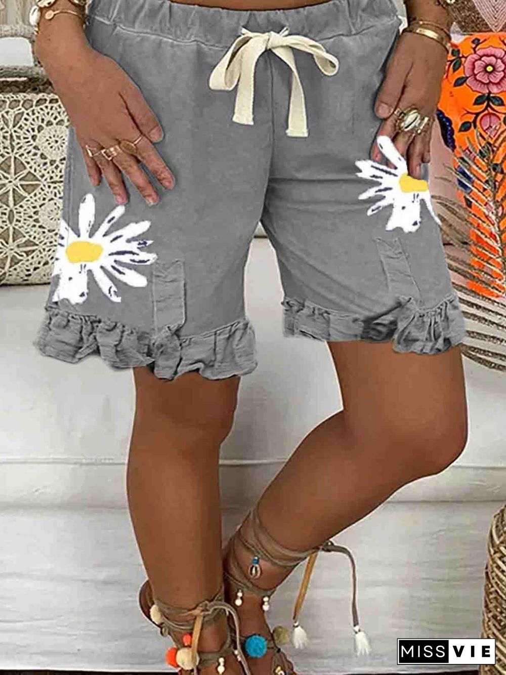 Gray Cotton Floral Casual Floral-Print Shorts