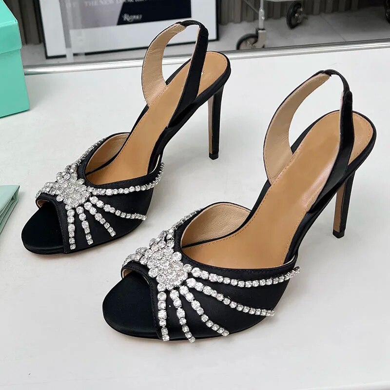Pink Rhinestone Sandals Woman Peep Toe Diamond Slingback High Heels Lady Party Shoes