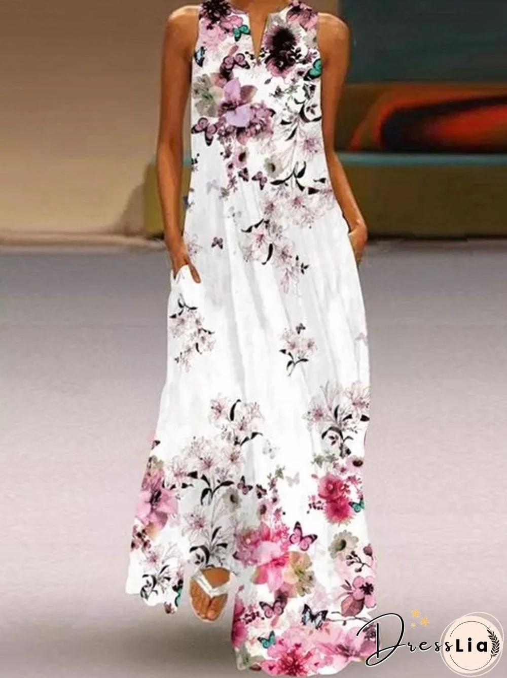 Basic Floral V Neck Floral-Print Dresses White Dresses