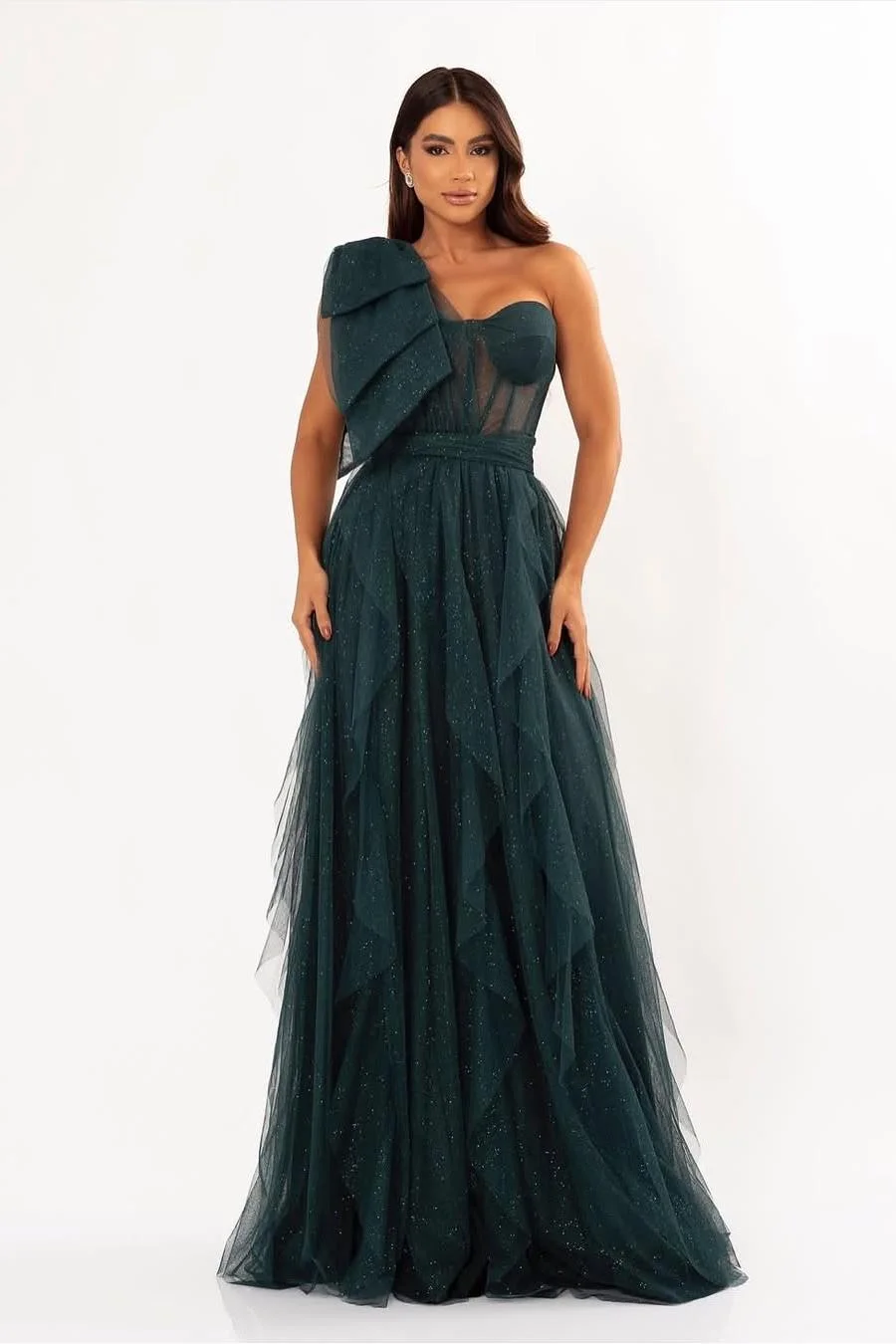 Miabel Shinning Dark Green One Shoulder Sweetheart Sleeveless Long Prom Dress with Ruffles 