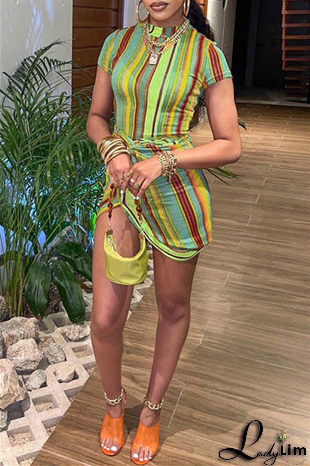 Orange Fashion Casual Striped Print Split Joint Half A Turtleneck Short Sleeve Dress